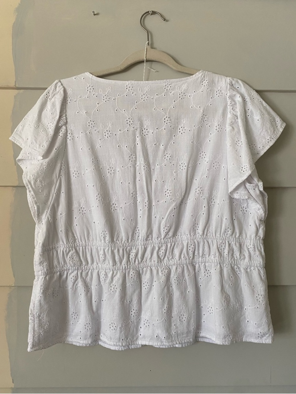 White Eyelet Whimsy Garden Cottage Prairie V-Neck Smocked Peplum Lined Blouse - Picture 7 of 7